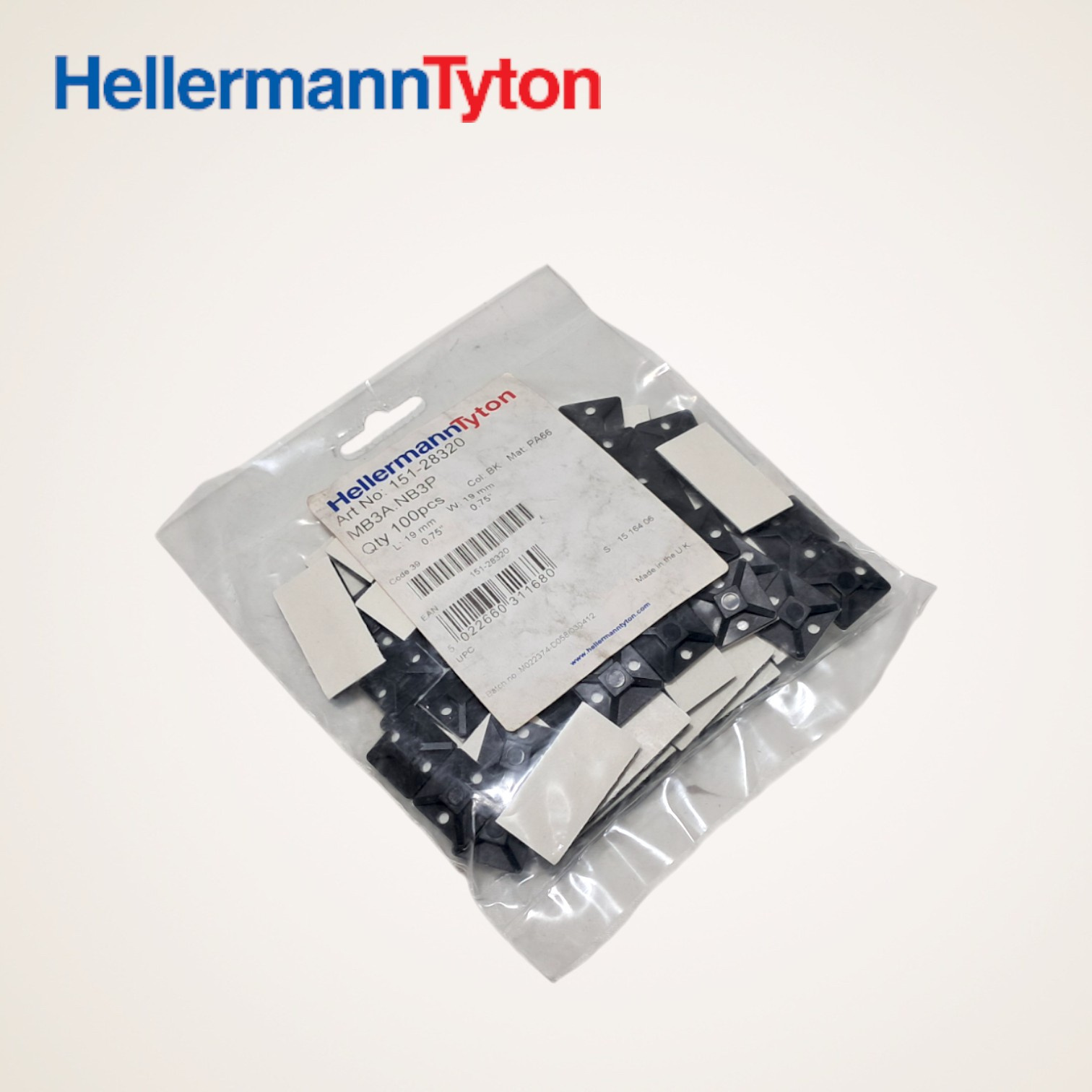 KIT FIXADOR PARA ABRACADEIRA ORIGINAL AUTO-ADESIVO 19X19MM PRETO MB3A - 151-28320- HELLERMANNTYTON